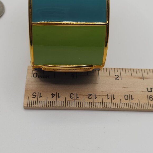Green/Blue Enamel Gold Tone Chunky Bangle Cuff Bracelet Boho Cottage Cabincore - Picture 13 of 14
